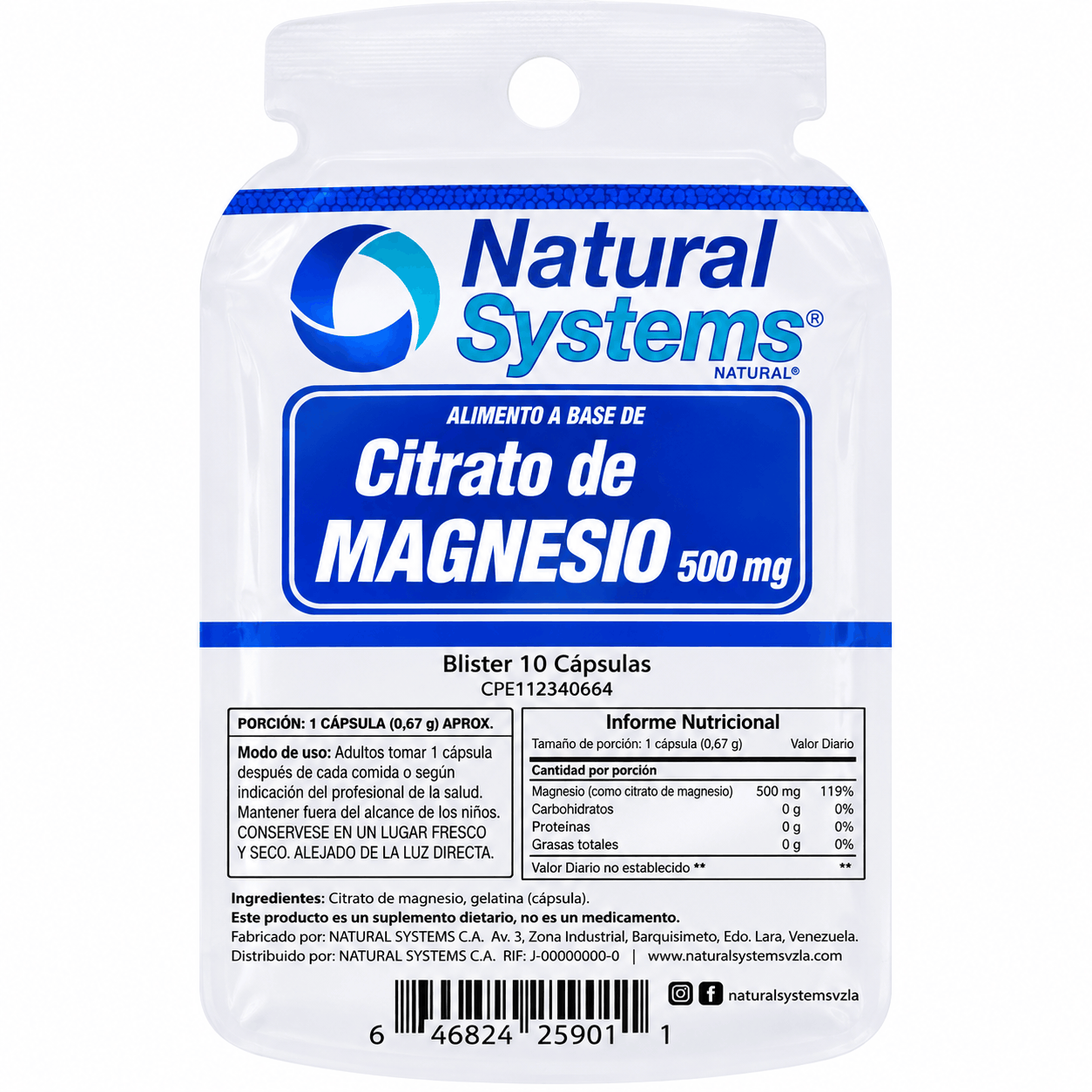 CITRATO DE MAGNESIO 500 MG X 10 CAP BLISTER NATURAL SYSTEMS