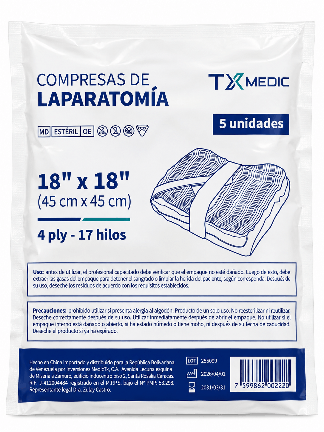 COMPRESA DE LAPAROTOMIA 18 X 18 TXMEDIC